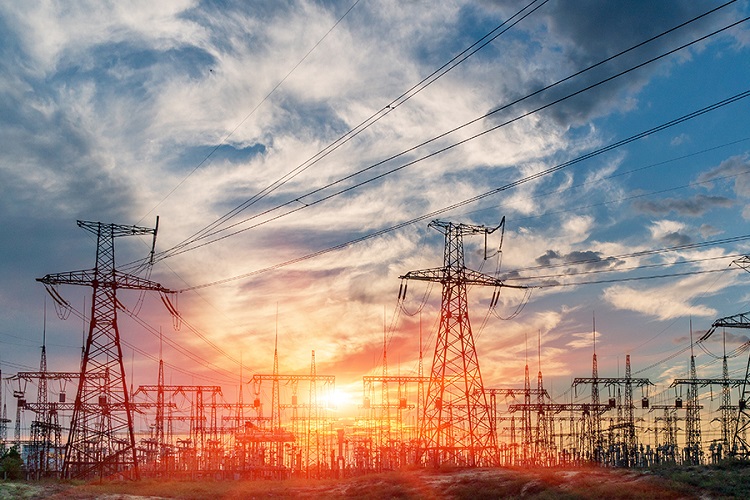 distribution electric substation with power lines and transformers